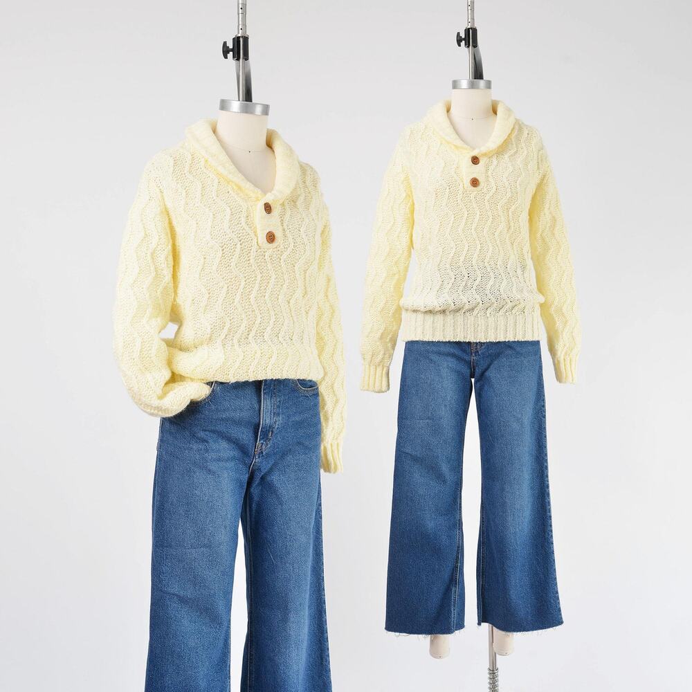Vintage 80s Fisherman Sweater Buttercream Chunky Chevron Shawl Collar Knit Small